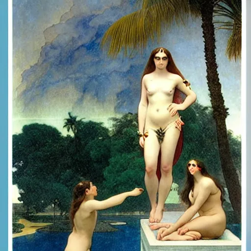 Prompt: Demon girls at the giant column, thunderstorm, greek pool, beach and palm trees on the background major arcana sky, by paul delaroche, alphonse mucha and arnold böcklin arnold böcklin hyperrealistic 8k, very detailed