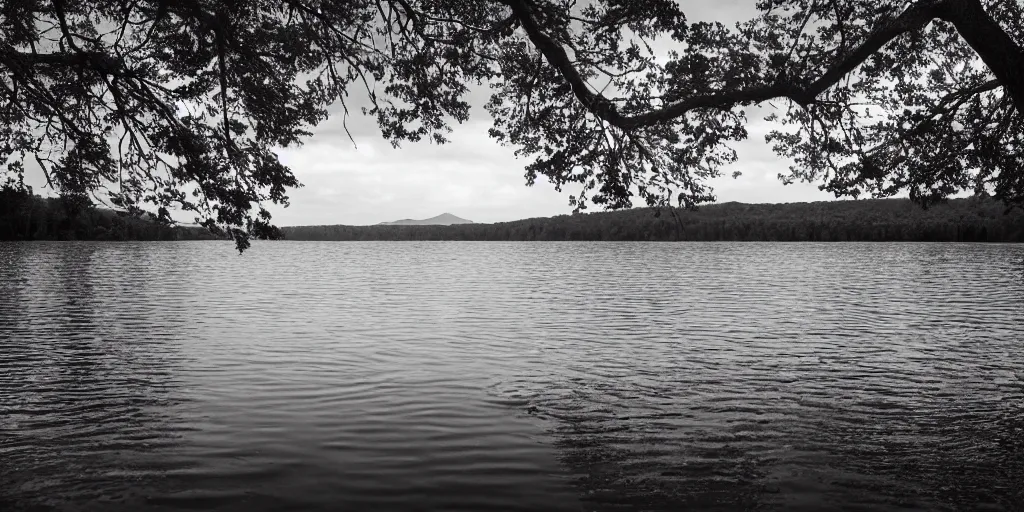 Image similar to centered photograph of a infintely long rope zig zagging across the surface of the water into the distance, floating submerged rope stretching out towards the center of the lake, a dark lake on a cloudy day, moody scene, trees in the background, hyper - detailed photo, anamorphic lens