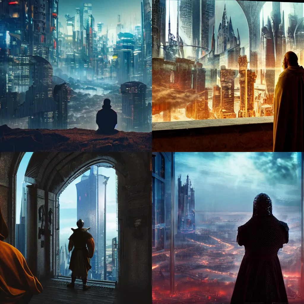 Prompt: a photo of a medieval king looking out at a futuristic cyberpunk city, award winning photo, intense lighting, 8 k