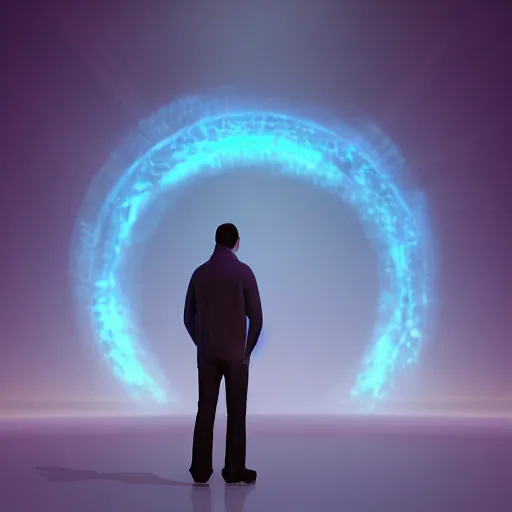 Image similar to a man standing in front of a black background, a hologram by jang seung - eop, behance contest winner, space art, low poly, cosmic horror, 2 d game art