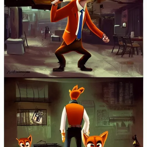 Image similar to concept art of nick wilde as max payne in max payne 3 set in gritty neo - noir zootopia, favela level