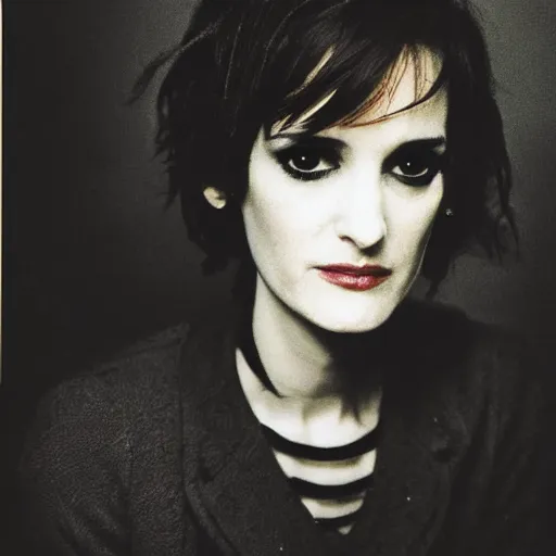 Prompt: portrait photograph of emo Winona Ryder, by Ron Haviv, 8k