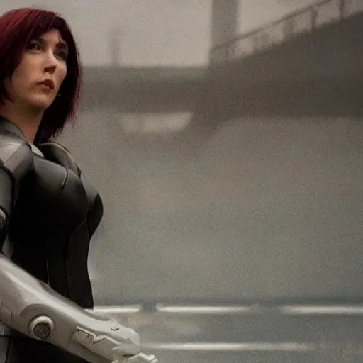 Image similar to a beautiful medium - shot still of scarlett johansson as motoko kusanagi from ghost in the shell, cyberpunk style, looking off into the distance, kusanagi hairdress, balck hairs, ultra realistic, soft, blue hour, soft neons light from night city falling on her face. focus on her eyes and brows. by annie leibowitz