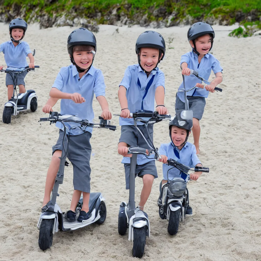 Prompt: very detailed stockphoto of two kids wearing a grey school uniform riding a scooter along the beach