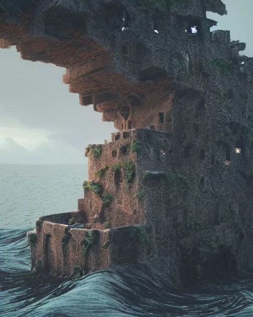 Prompt: the ruins of a castle on an island, taken back by nature. dark stormy sea. intricate artwork by tooth wu and wlop and beeple. octane render, hyper realism, 8 k