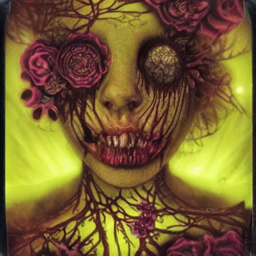 Image similar to a beautiful detailed front view portrait of a rotten woman corpse with fractal plants and fractal flowers growing around, volumetric light, beautiful lit, polaroid photography