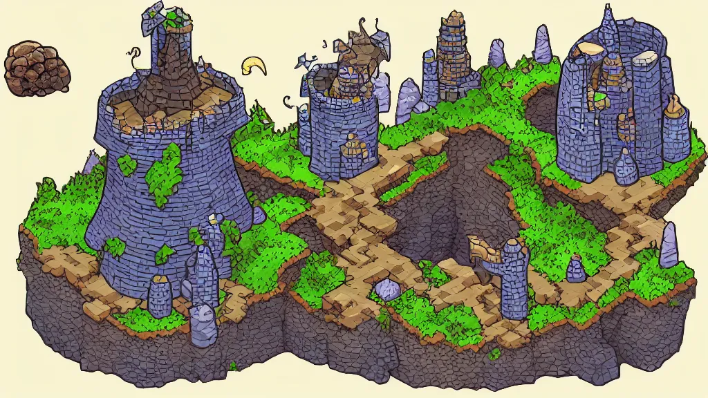 Prompt: Isometric view of a wizard tower surrounded by different kinds of gem mines and ominous caves, lineart, colored