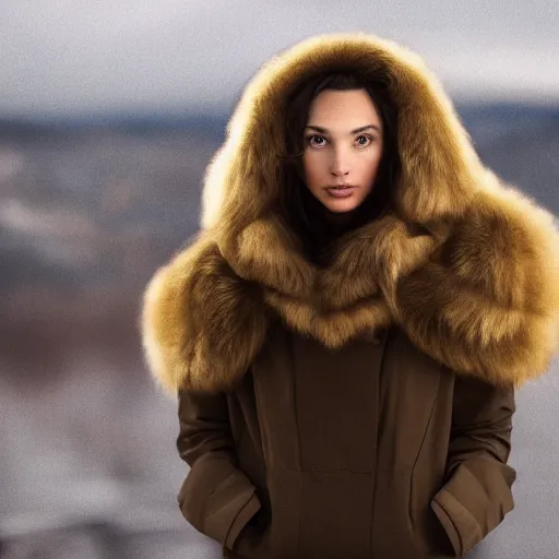 Image similar to a masterpiece portrait photo of a beautiful young woman who looks like an eskimo gal gadot, symmetrical face, random background scene