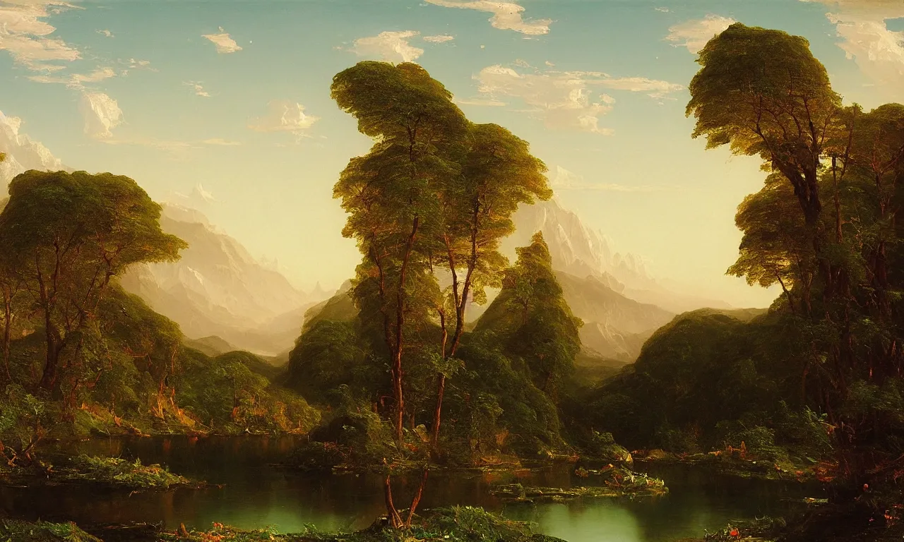 Prompt: a serene landscape painting by thomas cole and frederic edwin church