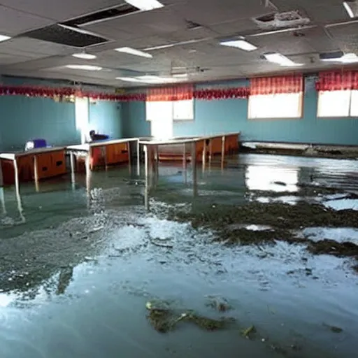 Prompt: photo of a classroom, the floor is flooded with one meter deep water. eerie