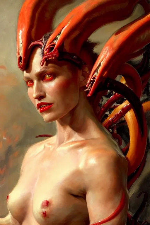 Image similar to painted close - up portrait of a very attractive red - skinned intimidating demon xenomorph queen with ram horns! oil painting, wearing a noblewoman's outfit, fantasy art by john singer sargent and gaston bussiere and james jean and greg rutkowski, demon noble character design, hd