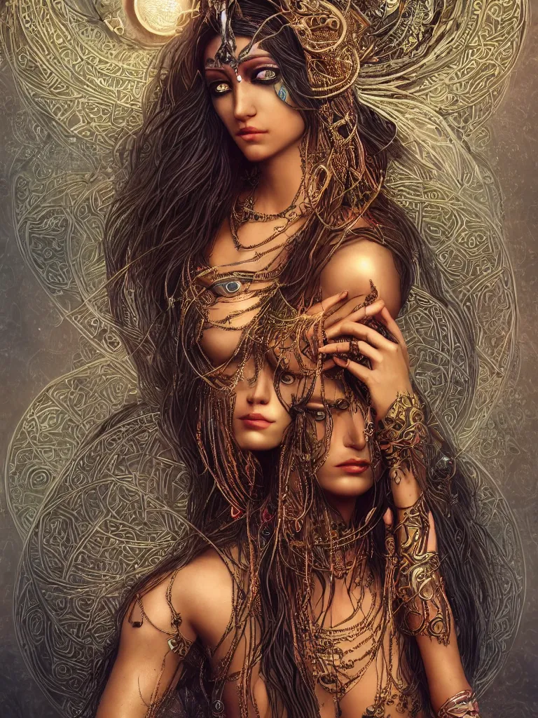 Image similar to a centered render of a single alluring mystical tribal goddess adorned with feathers and gemstones and cables and synthesizer parts is surrounded by sacred geometry made from elven architecture, full body, gorgeous, perfect face, powerful, cinematic, beautifully lit, by artgerm, by karol bak, 3 d, trending on artstation, octane render, 8 k