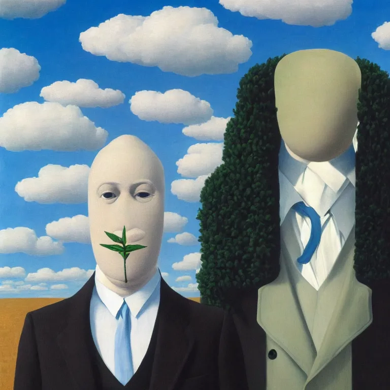 Image similar to portrait of a faceless beautiful flower - head man in a suit, clouds in the background, by rene magritte, detailed painting, distance, middle centered, hd, hq, high resolution, high detail, 4 k, 8 k