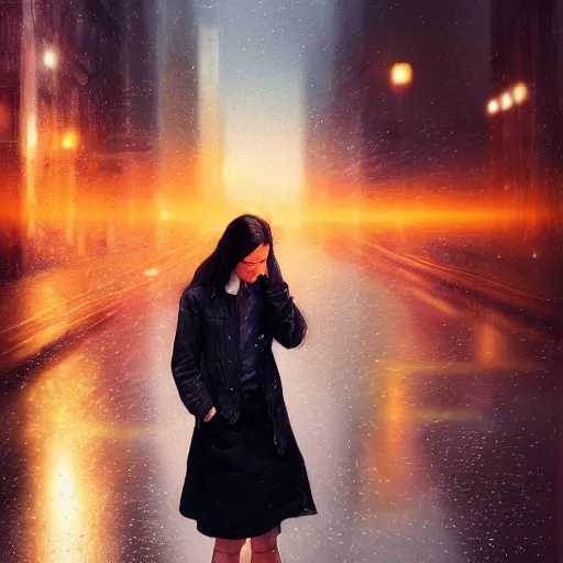 Image similar to detailed intricate digital illustration by greg rutkowski and artgerm and wlop and sanford robinson gifford and annie leibovitz ; girl standing in windy rainy city street, long exposure light streaks from car lights ; 1 3 mm film, cinestill 8 0 0 t, arri alfa anamorphic lens ; sharp focus ; trending on artstation 8 k close view