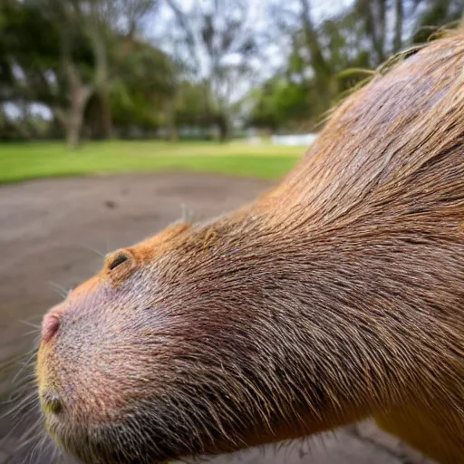 Image similar to fish eyed view of a capybara, photorealistic