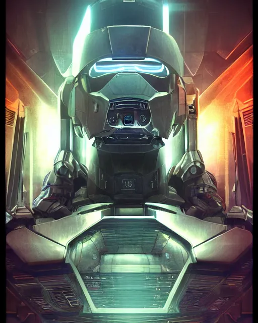 Prompt: a telephoto photo of the chrome terminator cylon warror in a massive mass effect halo robot factory at night,blue haze, volume metric lighting, retracing, unreal, concept art cyperpunk video game poster design with intricate details :: magic the gathering, Deathstar, neon lighting, lens flare, rich vibrant colors, High contrast, blizzard concept artist, syd mead