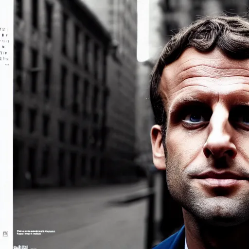 Image similar to closeup portrait of emmanuel macron as a thief in a smoky new york back street, natural light, sharp, detailed face, magazine, press, photo, steve mccurry, david lazar, canon, nikon, focus