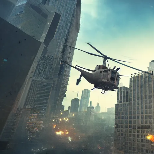 Prompt: a capybara destroying skyscrapers in a large city with helicopters and tanks, smoke and destruction, conecpt art, cinematic, highly detailed, ornate, intricate detail, 4K, realistic, octane render, unreal engine