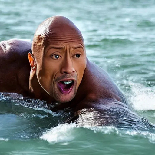 Image similar to photo of Dwayne Johnson yelling and riding a sark in the middle of the ocean, full shot, highly detailed face