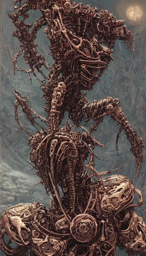 Image similar to Elden Ring and Doom themed painting of biomechanical armored traveller hybrid, intricate artwork by Artgerm, Victo Ngai, Johnatan Wayshak, Zdizslaw Beksinski, Douglas Barlowe, Darius Zawadzki, H.R. Giger, Takato Yamamoto, masterpiece, very coherent artwork, elite, horror, creepy, ominous, haunting, majestic, ephemeral, cinematic, high detail, octane render, unreal engine, 8k, High contrast, golden ratio, trending on cgsociety, ultra high quality model, production quality cinema model