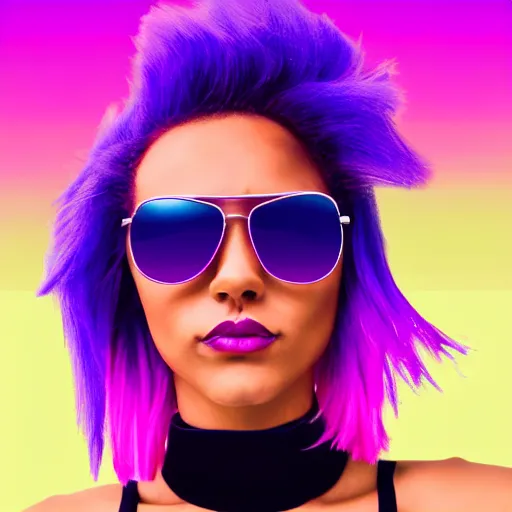 Prompt: a award winning action upper body portrait of a beautiful woman with aviator sunglasses and ombre purple pink hairstyle with head in motion and hair flying, choker, outrun, vaporware, vivid colors, highly detailed, fine detail, intricate