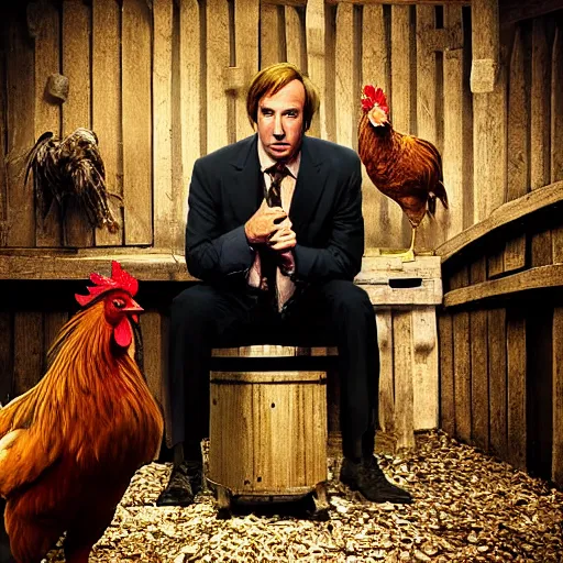 Image similar to saul goodman and a rooster in a medieval torture chamber, scary torture devices in the background, horror movie, saul goodman, rooster, real life photo