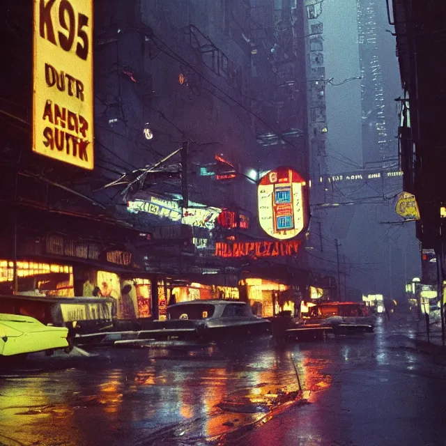 Image similar to kodachrome photograph, saturated photo, 1 9 6 7 dystopian cyberpunk city during a melancholy rainy night