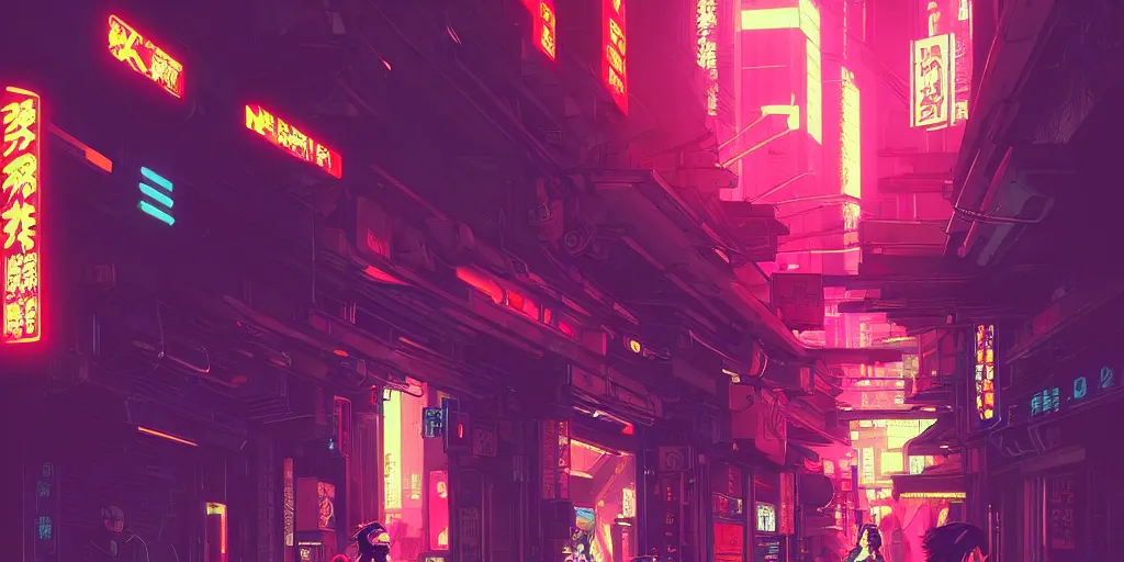 Image similar to digital illustration closeup of cyberpunk samurai in city street at night by makoto shinkai, ilya kuvshinov, lois van baarle, rossdraws, basquiat | afrofuturism, in the style of hearthstone, trending on artstation | cool color scheme