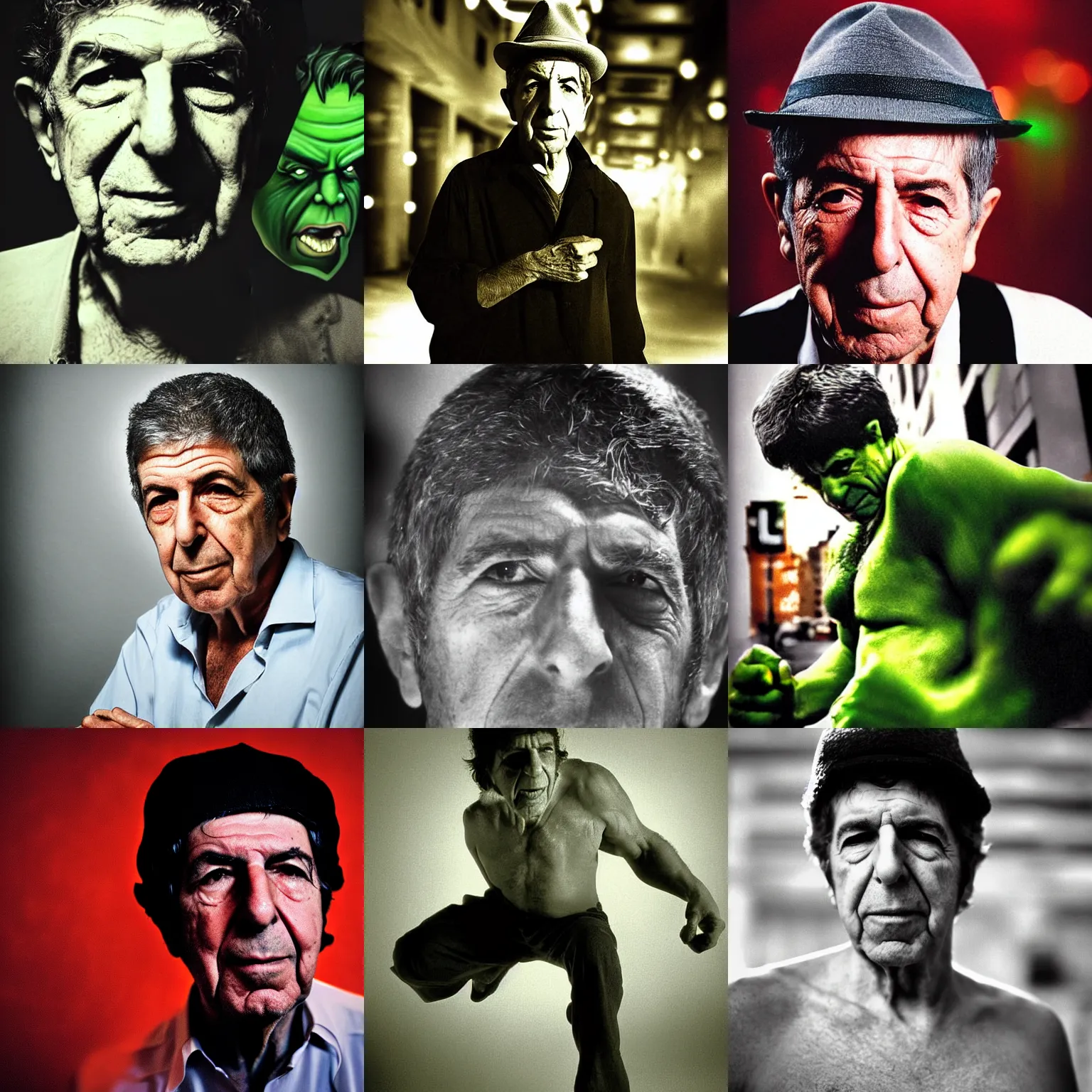 Prompt: portrait photograph, Leonard Cohen as the Hulk, bokeh, depth of field