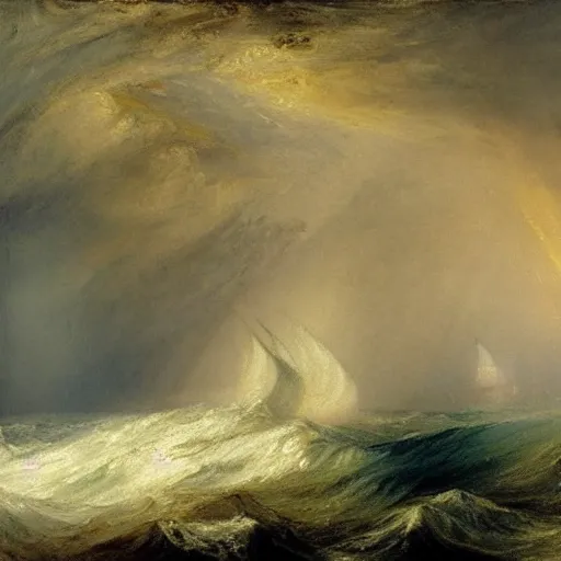 Prompt: A painting of a ship at sea, in a storm, by J.M.W. Turner