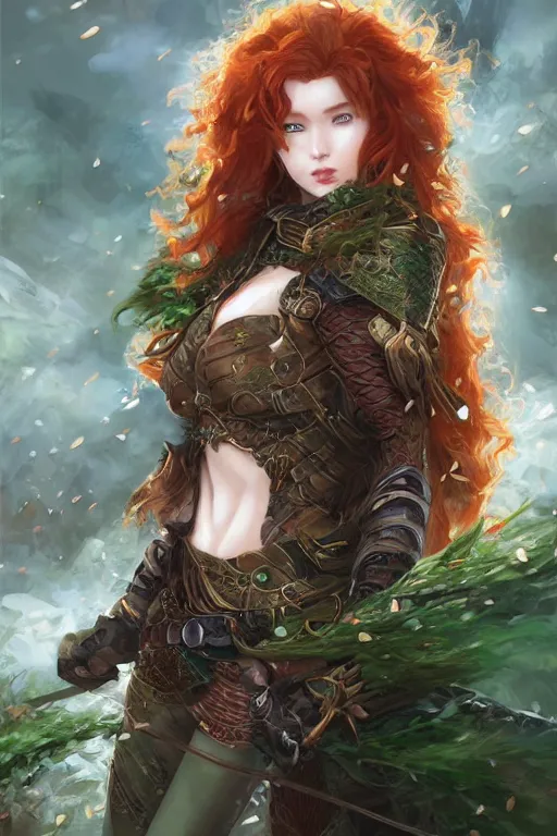 Image similar to A realistic anime portrait of long curly haired redhead female ranger wearing an intricate fantasy ranger outfit, asian facial features, green eyes, digital painting, by Stanley Artgerm Lau, Sakimichan, WLOP and Rossdraws, digtial painting, trending on ArtStation, SFW version