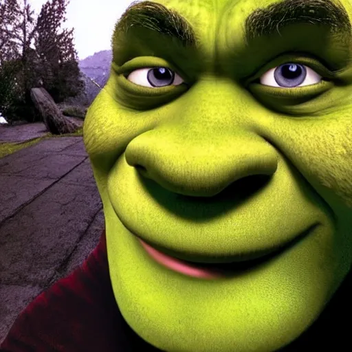 Image similar to shrek takes an accidental selfie,