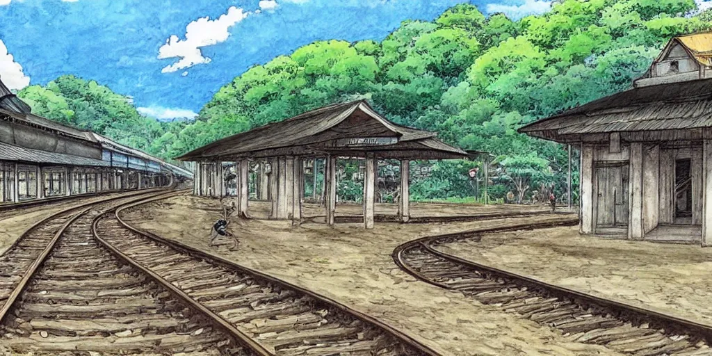 Image similar to sri lankan train station, drawn by hayao miyazaki