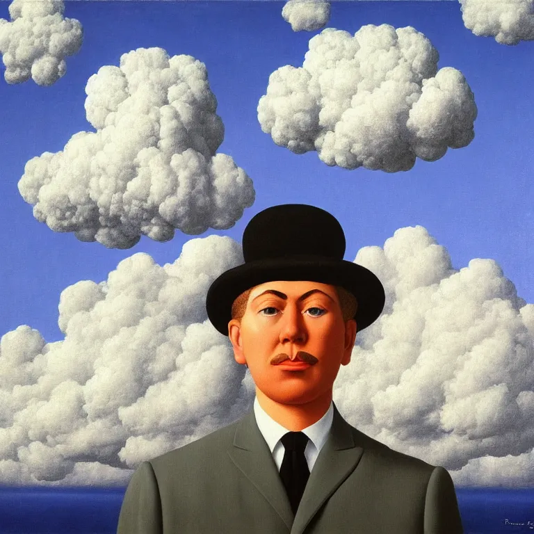 Image similar to portrait of a cloud man by rene magritte, detailed painting, hd, hq, high resolution, high detail, 4 k, 8 k