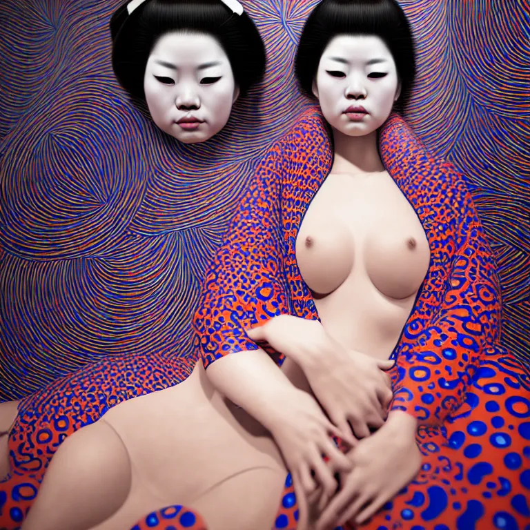 Image similar to hyperrealistic detailed image of a geisha laying in a art installation room, hd smooth interior by yayoi kusama, part by kei mieno, part by ross tran, dark art by james jean, ultra realistic, highly detailed, life like face, detailed body, 8 k, 3 d render by roger magrini, very cohesive, masterpiece