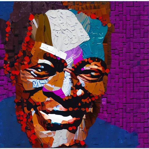 Prompt: a portrait of of chuck berry constructed from berries, collage, drop shadow, organic, layered composition, layers, texture, mcu, highly textured, layered, sculpted, dynamic,