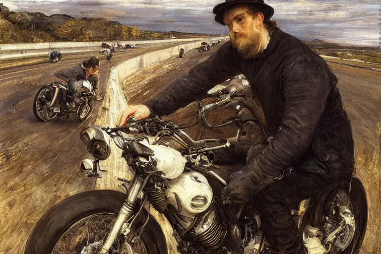 Image similar to sad portrait of a biker on the freeway by sir john everett millais, photorealistic, hyperdetailed, ethereal, masterpiece, oil painting