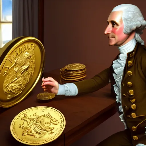 Image similar to a closeup photorealistic photograph of a happy George Washington inspecting small gold Doubloon coins at his home on Cherry Street. This 4K HD image is Trending on Artstation, featured on Behance, well-rendered, extra crisp, features intricate detail and the style of Unreal Engine.