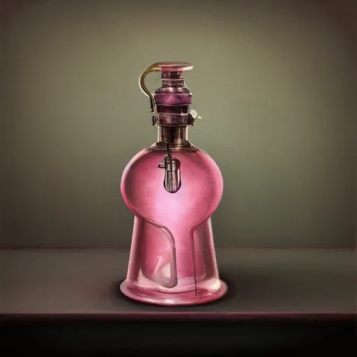 Prompt: a painting of a steampunk pink hart shaped potion bottle in a dark dusty vintage science lab, by h. r. giger, hyperrealistic fantasy art, concept matte, ethereal, dreamy, digital art, trending on artstation, volumetric cinematic lighting