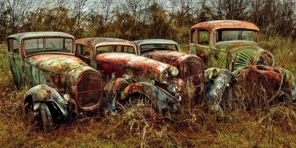 Prompt: fantasy art 1 9 2 0's abandoned cars left to rot in an overgrown field, rusty