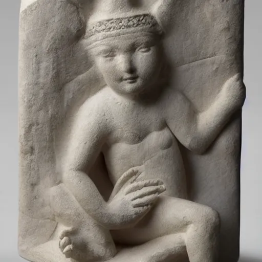 Prompt: photo of fragmented Babylonian sculpture made of Porcelain