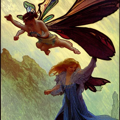 Image similar to Dark fantasy fairy flying over a lake, concept art, fantasy, award-winning art, 4k, sharp, dramatic lighting, cinematic, by Alphonse Mucha, James Gurney