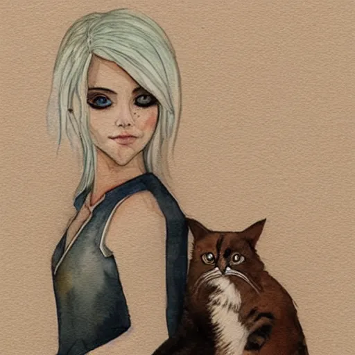 Prompt: Ciri holding a cat, art, minimalistic painting, watercolor on paper, high quality