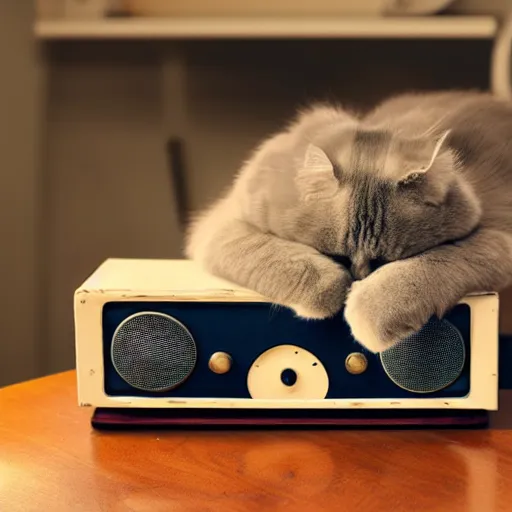 Image similar to ragdoll cat sleeping on a mid - century radio, soft cinematic lighting, realistic photograph,