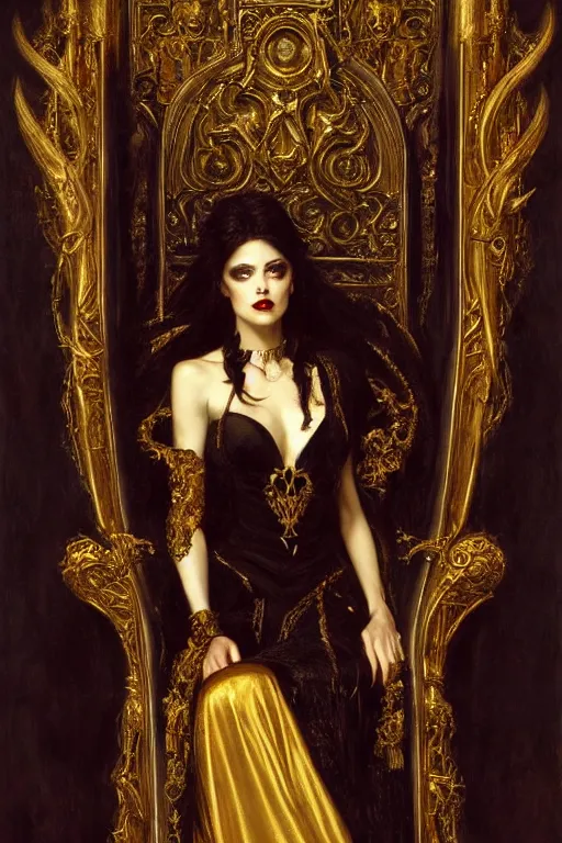 Prompt: perfectly centered portrait of beautiful vampire queen in gold gothic robe sitting on a throne of bones, painting by gaston bussiere, craig mullins, j. c. leyendecker, 8 k, mid shot