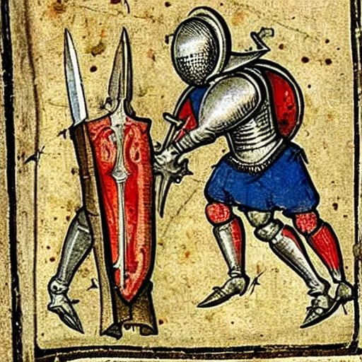 Image similar to a 1 5 th century medieval manuscript illustration of a knight stabbing a large snail