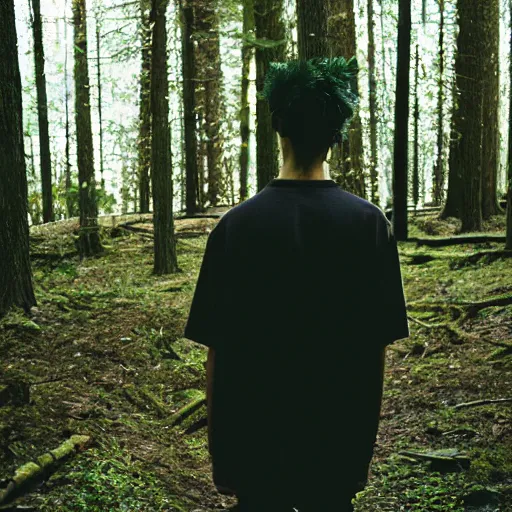 Prompt: kodak portra 4 0 0 photograph of a skinny goth guy standing in a dark forest, back view, flower crown, moody lighting, telephoto, 9 0 s vibe, blurry background, vaporwave colors, faded!,