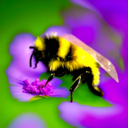 Image similar to surreal composite bumble bee made of flowers, pedicel legs, flower petal wings, siting on a finger, 5 0 mm lens, f 1. 4, sharp focus, ethereal, emotionally evoking, head in focus, volumetric lighting, blur dreamy outdoor