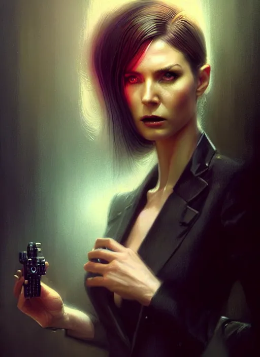 Image similar to ! dream hyper realistic portrait gorgeous, beautiful rachael rosen from blade runner set in modern times, fully clothed in a women's suit from the future, by greg rutkowski, scott m fischer, artgerm, loish, slight glow, atmospheric, anne stokes, alexandros pyromallis,