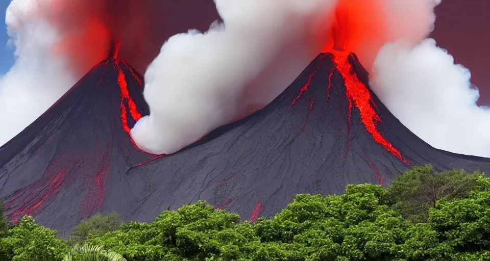 Image similar to a volcano made of ivory vines and crimson rocks enters in eruption, it spits a smoke in the shape of demonic eye, from One piece